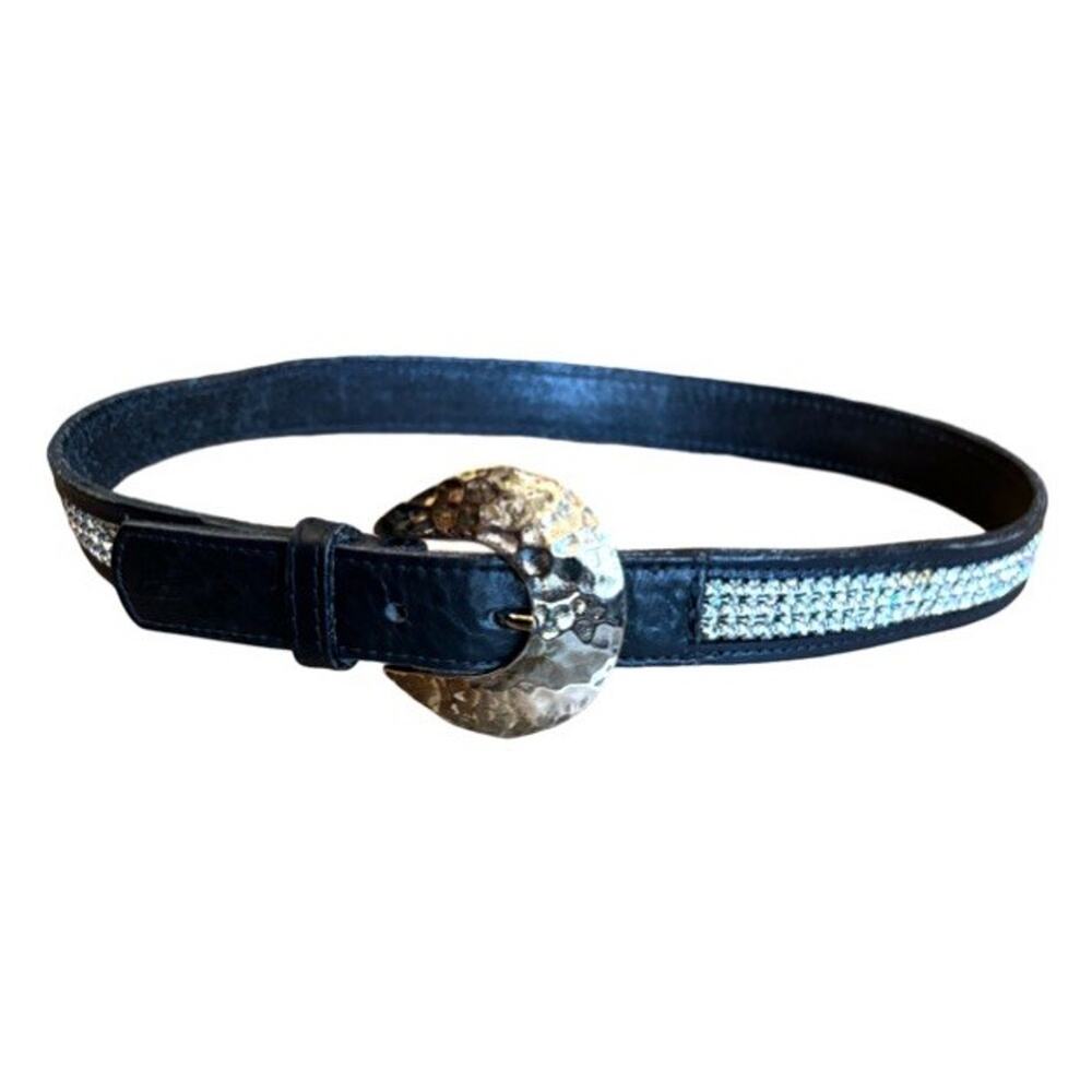 Italian Leather Rhinestone Belt Size XS Western Silver Black Boho Vintage